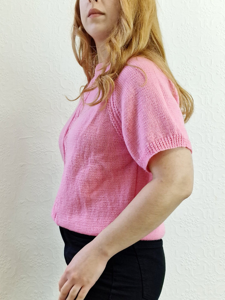 Vintage 80s Bubblegum Pink Round Neck Handknitted Jumper with Short Sleeves - S