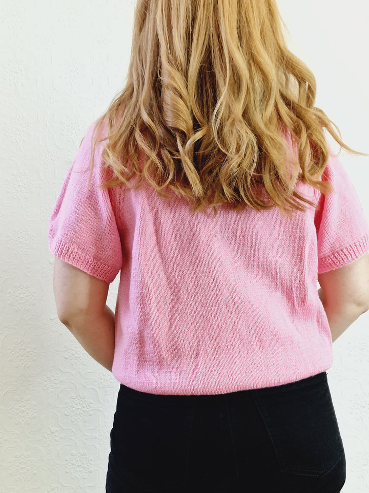 Vintage 80s Bubblegum Pink Round Neck Handknitted Jumper with Short Sleeves - S