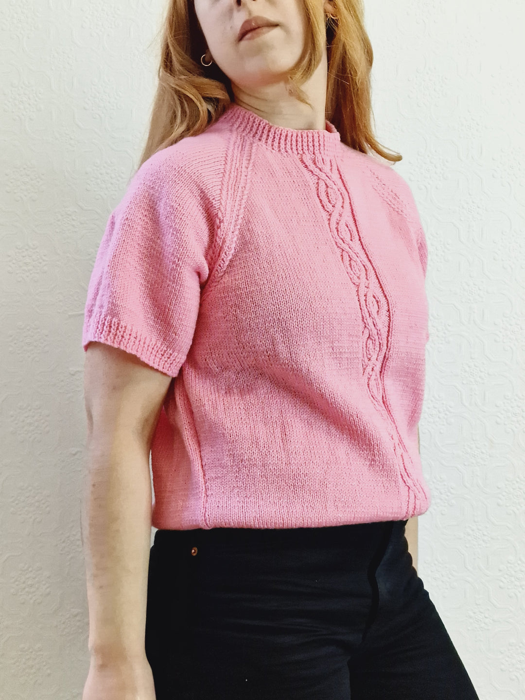 Vintage 80s Bubblegum Pink Round Neck Handknitted Jumper with Short Sleeves - S