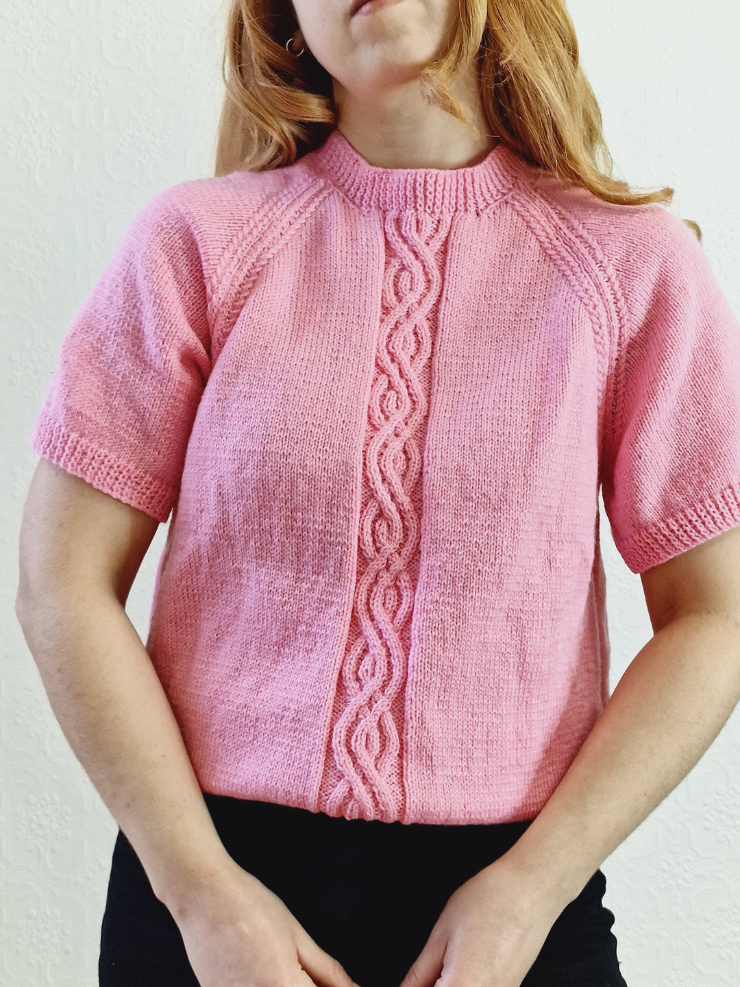 Vintage 80s Bubblegum Pink Round Neck Handknitted Jumper with Short Sleeves - S