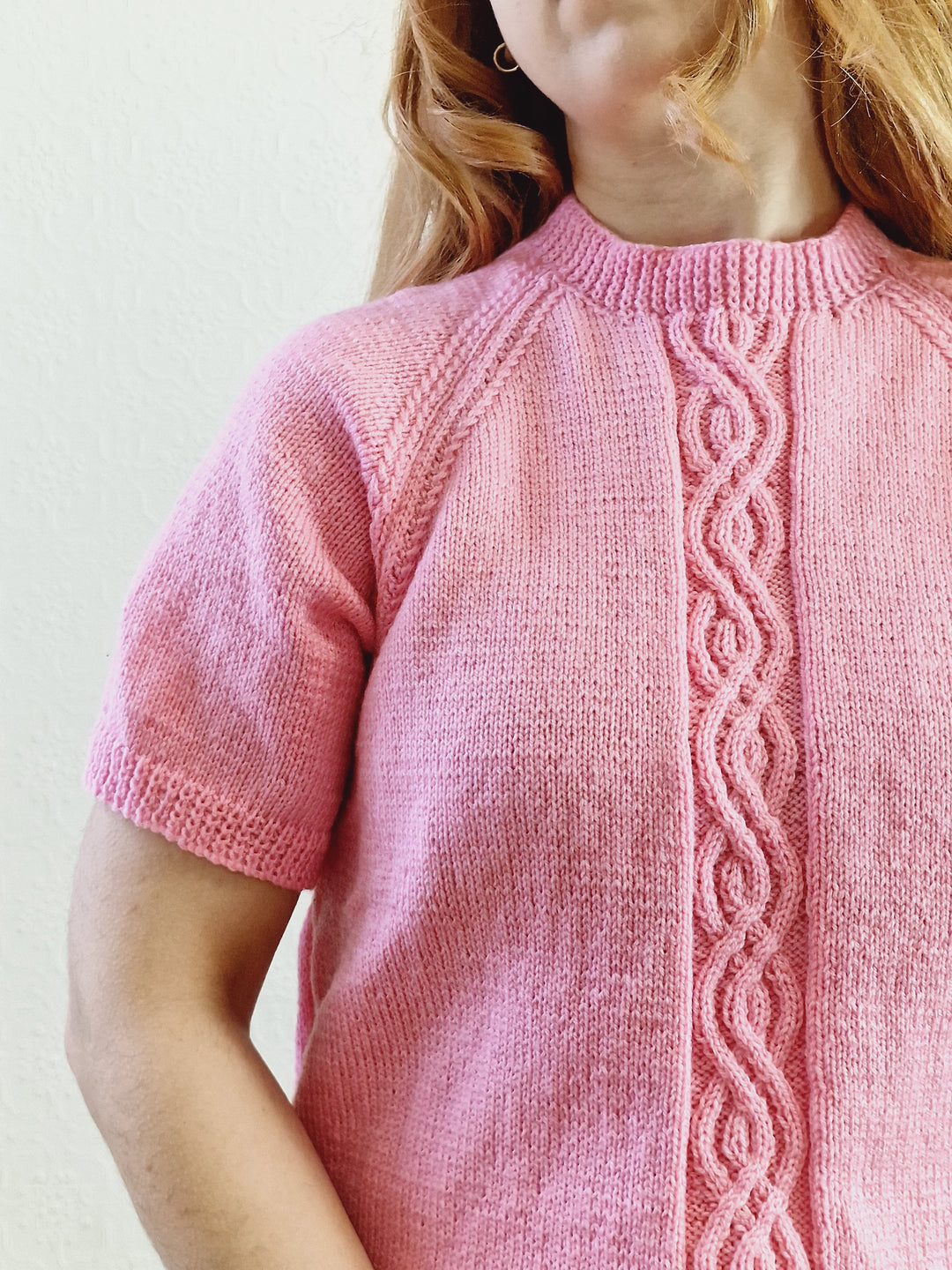 Vintage 80s Bubblegum Pink Round Neck Handknitted Jumper with Short Sleeves - S