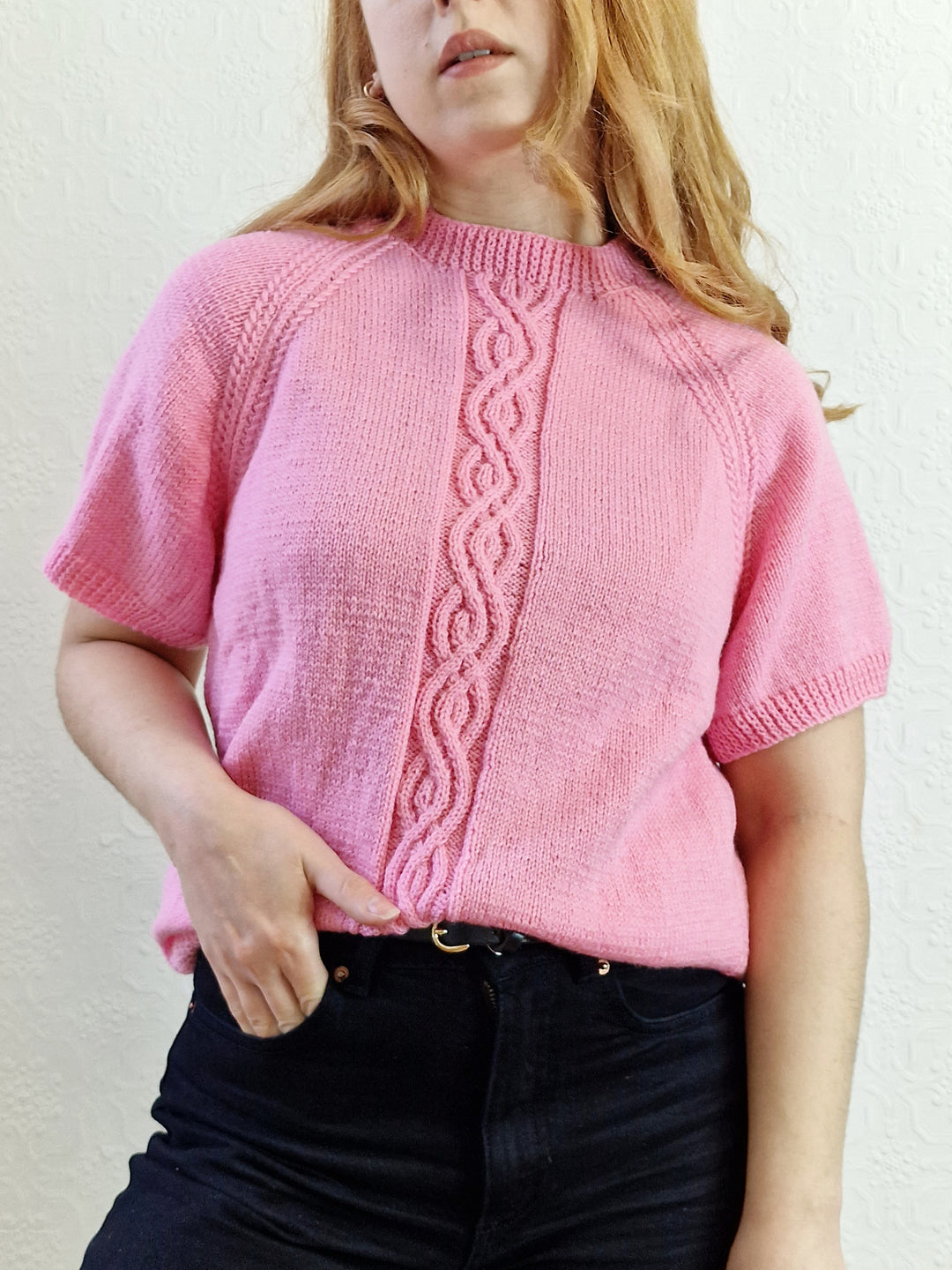 Vintage 80s Bubblegum Pink Round Neck Handknitted Jumper with Short Sleeves - S