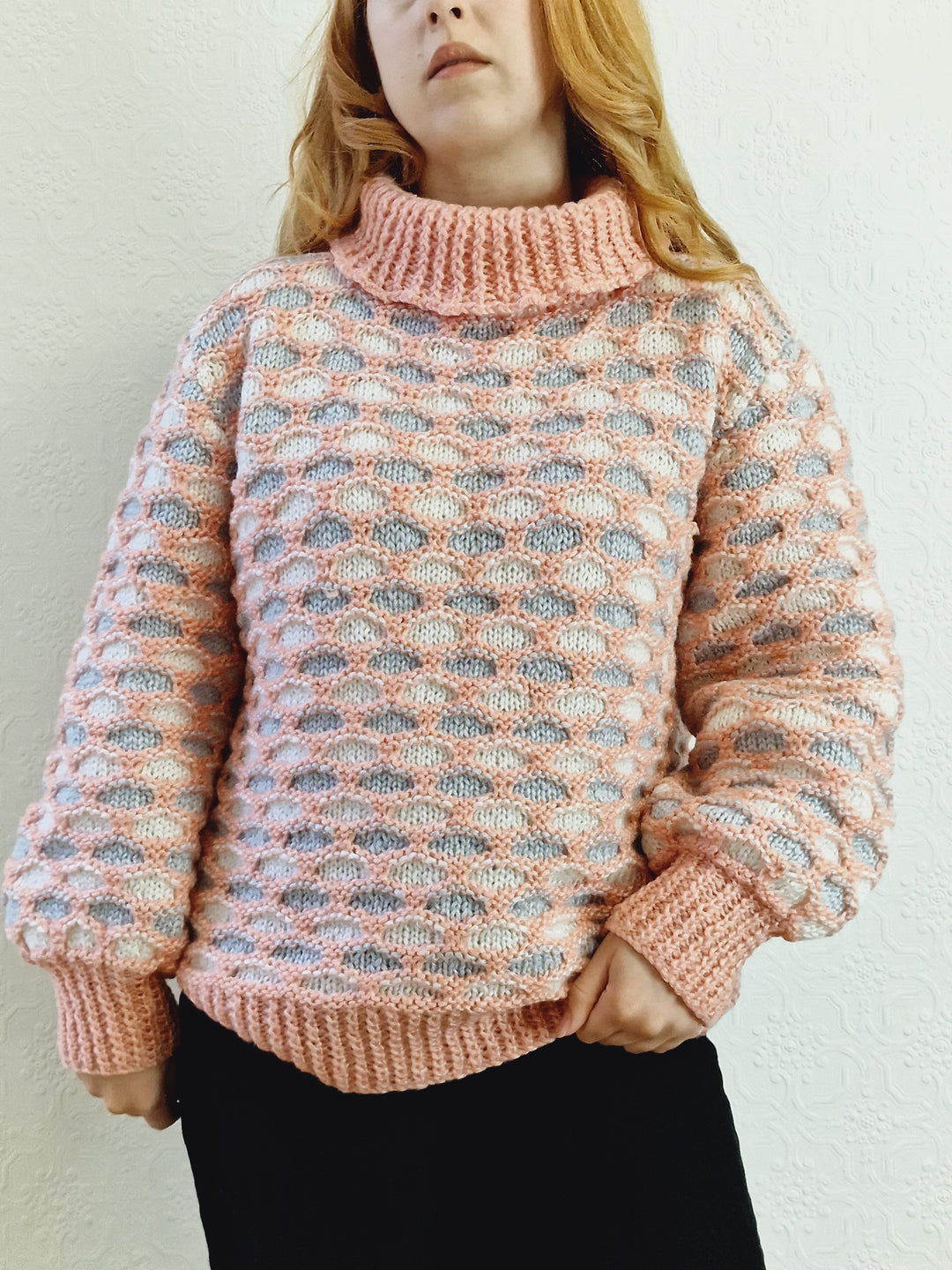 Vintage Handknitted Coral Pink Honey Comb Style Chunky Jumper with Roll Neck - M