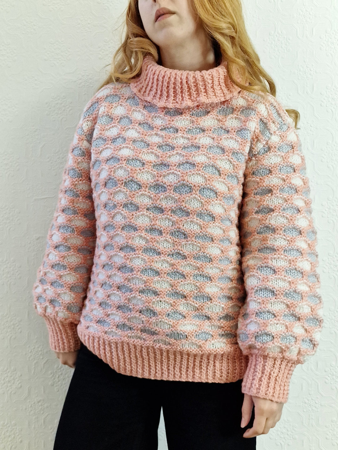 Vintage Handknitted Coral Pink Honey Comb Style Chunky Jumper with Roll Neck - M