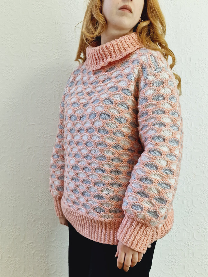 Vintage Handknitted Coral Pink Honey Comb Style Chunky Jumper with Roll Neck - M