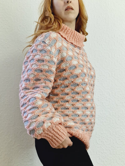 Vintage Handknitted Coral Pink Honey Comb Style Chunky Jumper with Roll Neck - M