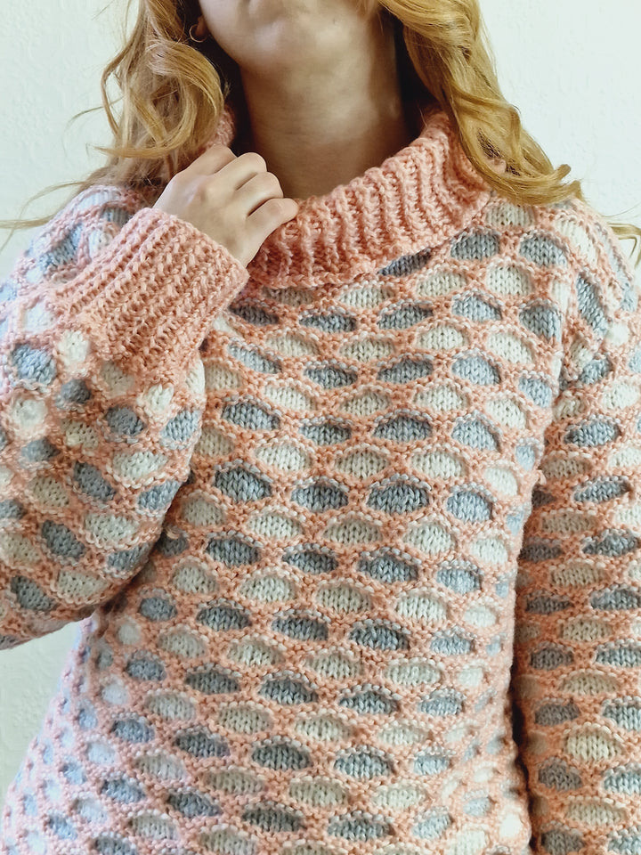 Vintage Handknitted Coral Pink Honey Comb Style Chunky Jumper with Roll Neck - M