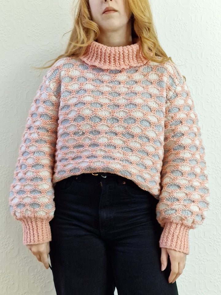 Vintage Handknitted Coral Pink Honey Comb Style Chunky Jumper with Roll Neck - M