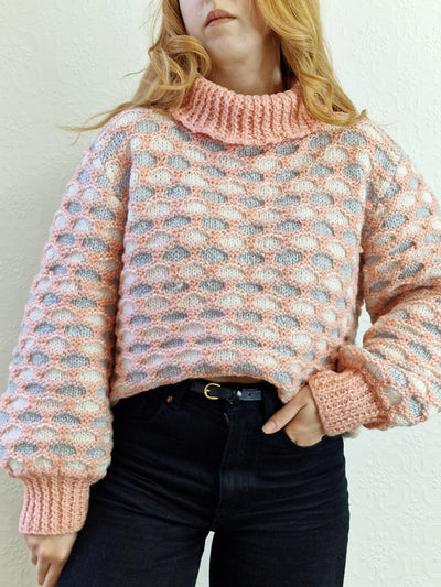 Vintage Handknitted Coral Pink Honey Comb Style Chunky Jumper with Roll Neck - M