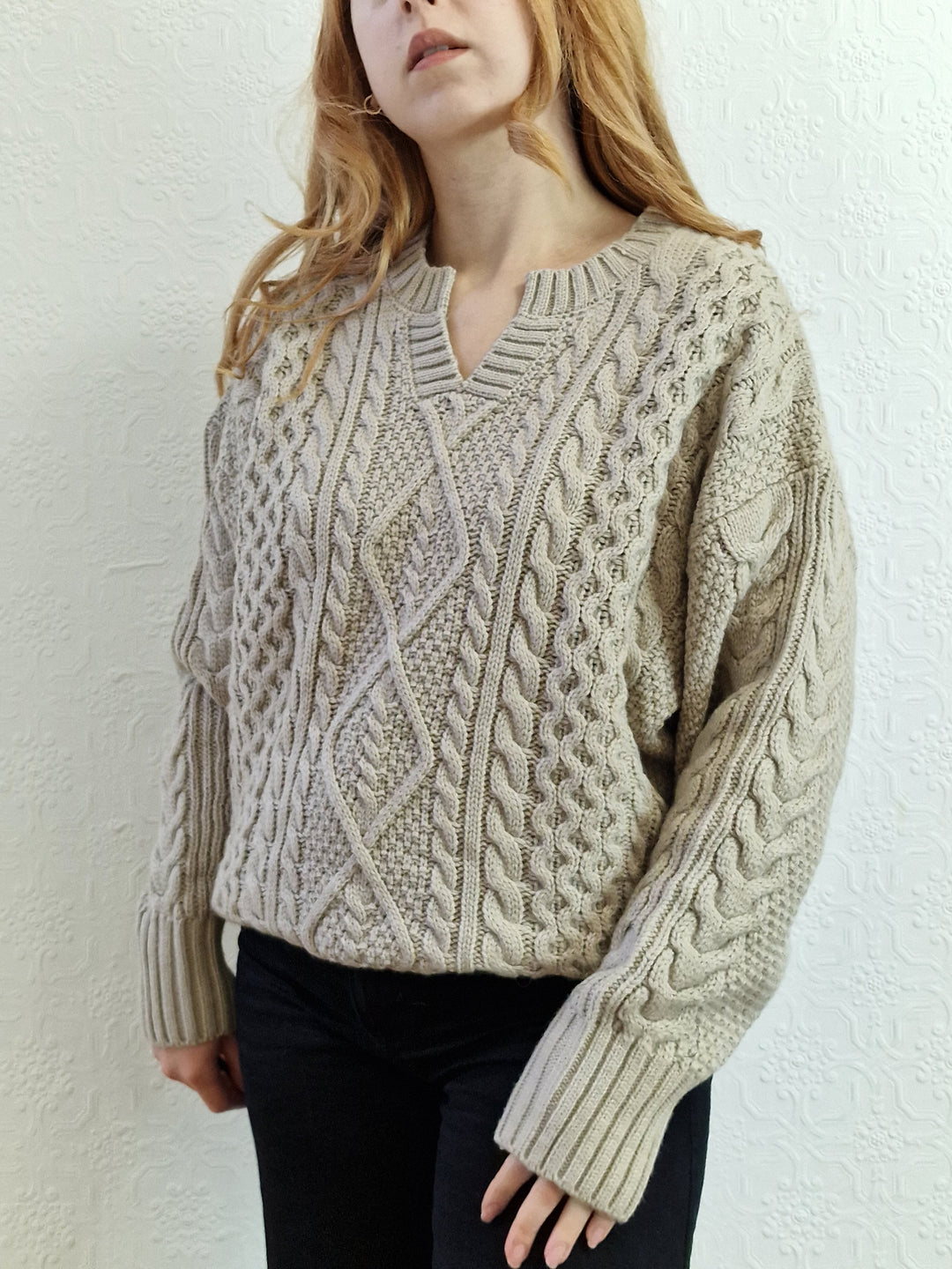 Vintage 90s Beige Grey Cable Knit Aran Jumper with Split Crew Neck