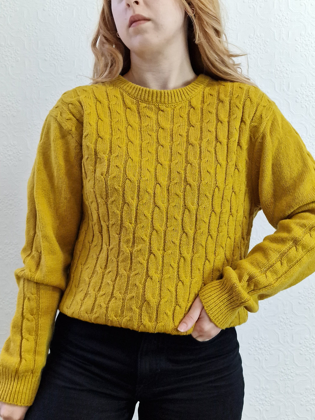 Vintage 90s Mustard Aran Style Cable Knit Jumper with Crew Neck - M/L