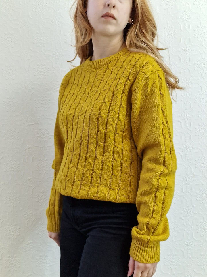 Vintage 90s Mustard Aran Style Cable Knit Jumper with Crew Neck - M/L