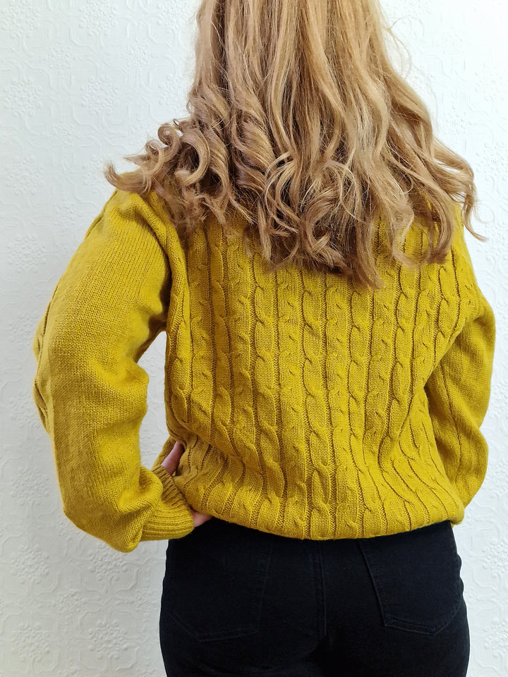 Vintage 90s Mustard Aran Style Cable Knit Jumper with Crew Neck - M/L