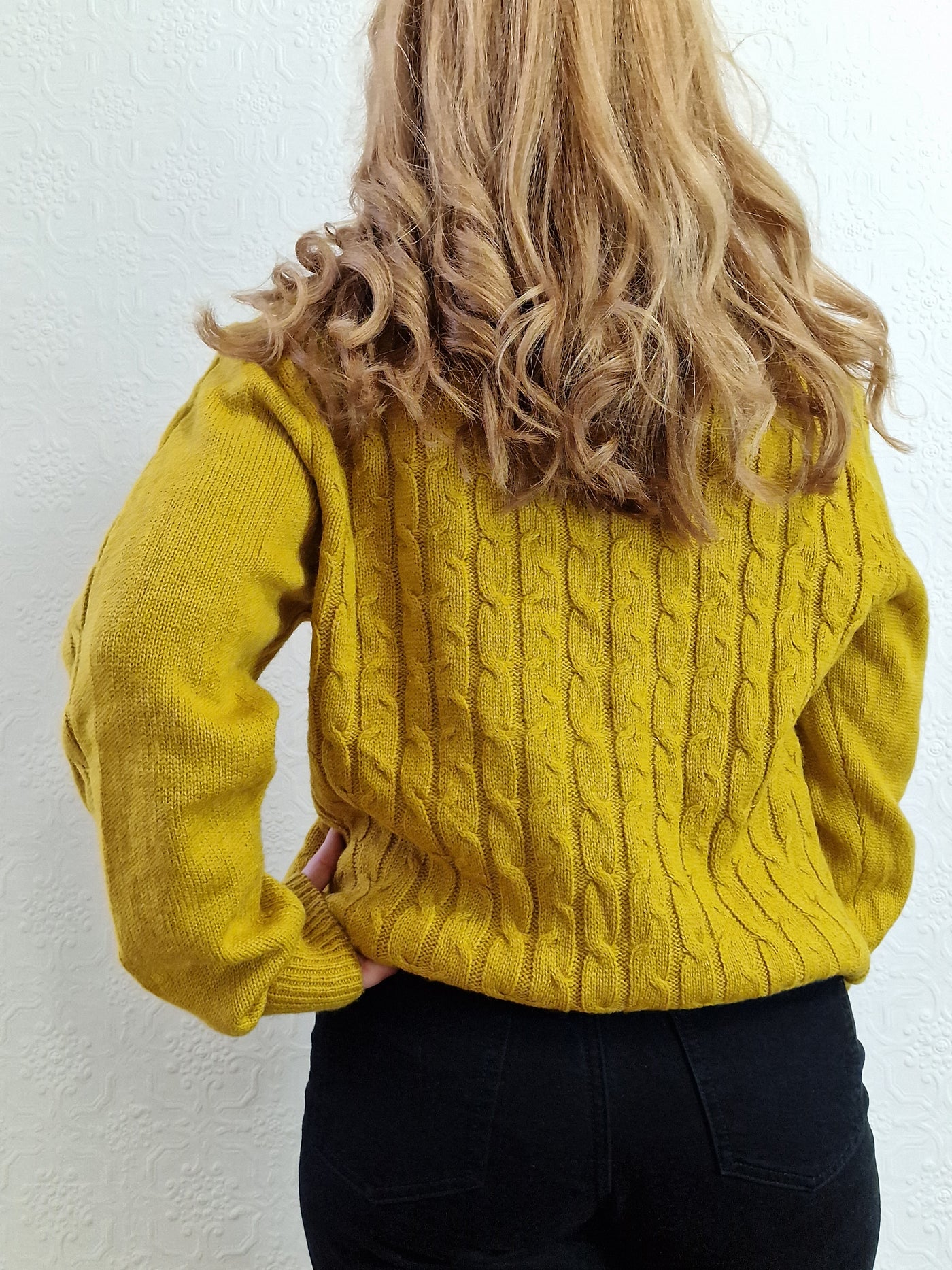 Vintage 90s Mustard Aran Style Cable Knit Jumper with Crew Neck - M/L