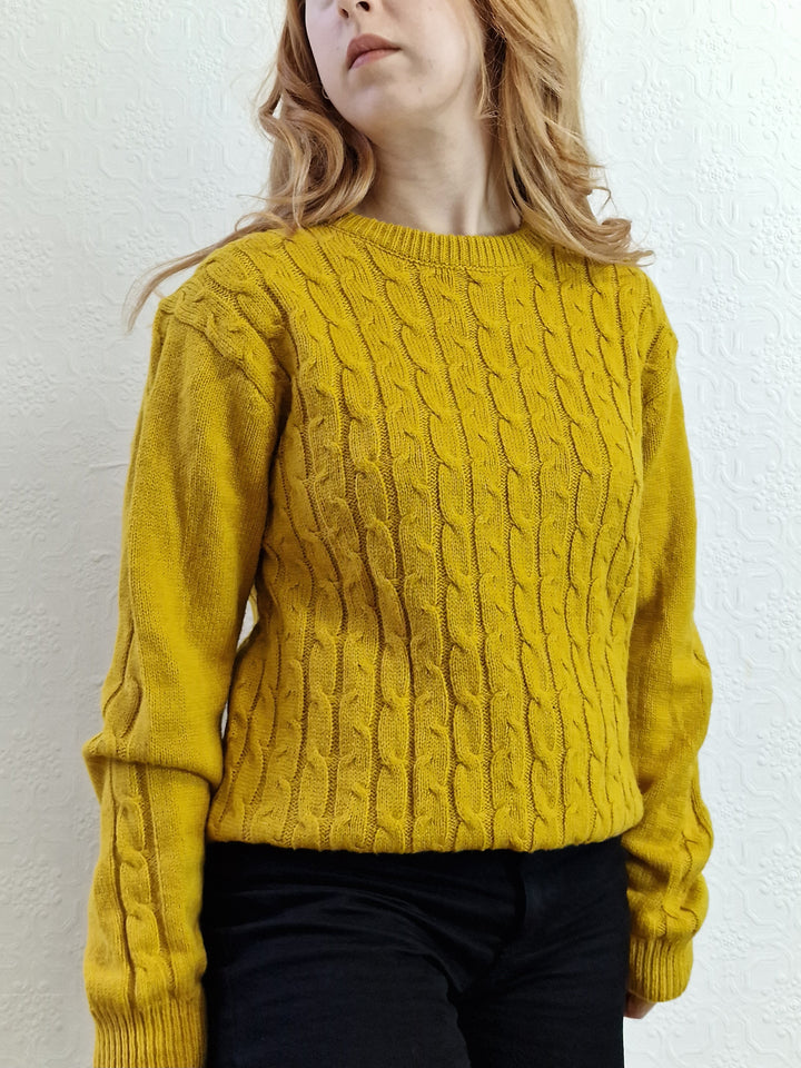 Vintage 90s Mustard Aran Style Cable Knit Jumper with Crew Neck - M/L