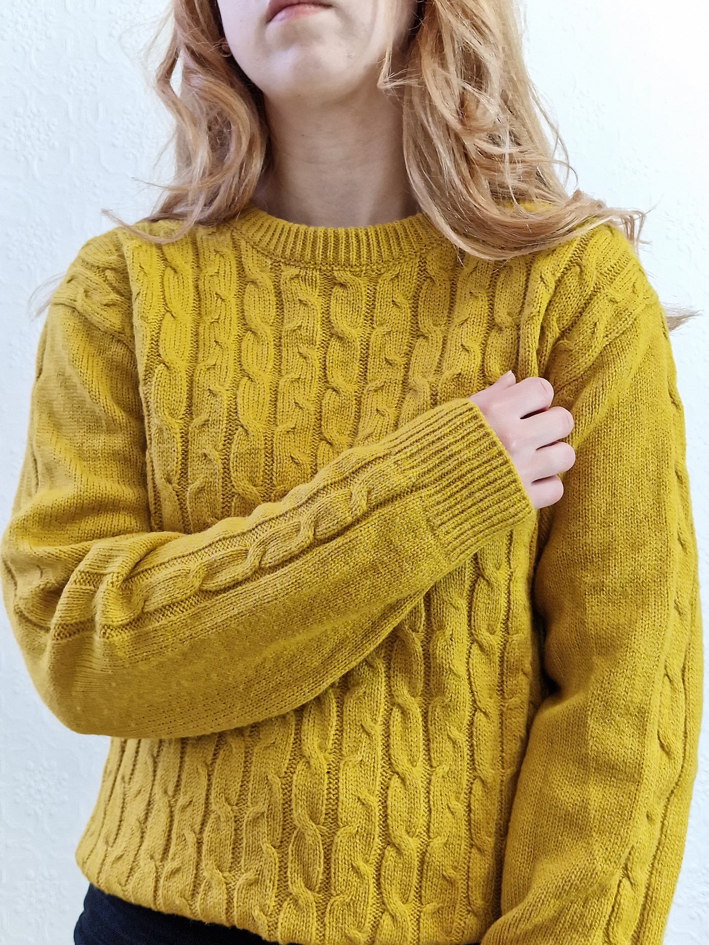 Vintage 90s Mustard Aran Style Cable Knit Jumper with Crew Neck - M/L