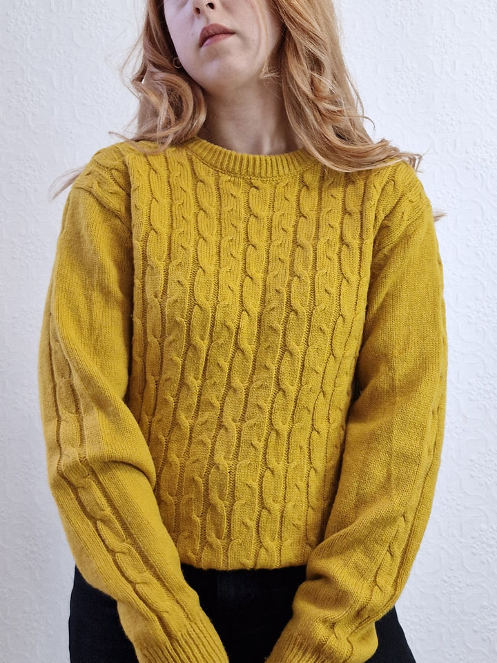 Vintage 90s Mustard Aran Style Cable Knit Jumper with Crew Neck - M/L