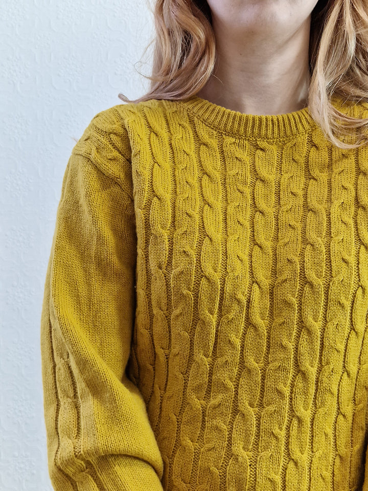 Vintage 90s Mustard Aran Style Cable Knit Jumper with Crew Neck - M/L