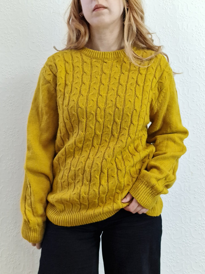 Vintage 90s Mustard Aran Style Cable Knit Jumper with Crew Neck - M/L