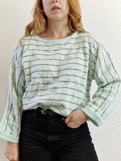 Vintage 70s Mint Striped Textured Jumper with Boat Neck - M