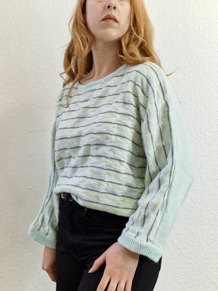 Vintage 70s Mint Striped Textured Jumper with Boat Neck - M