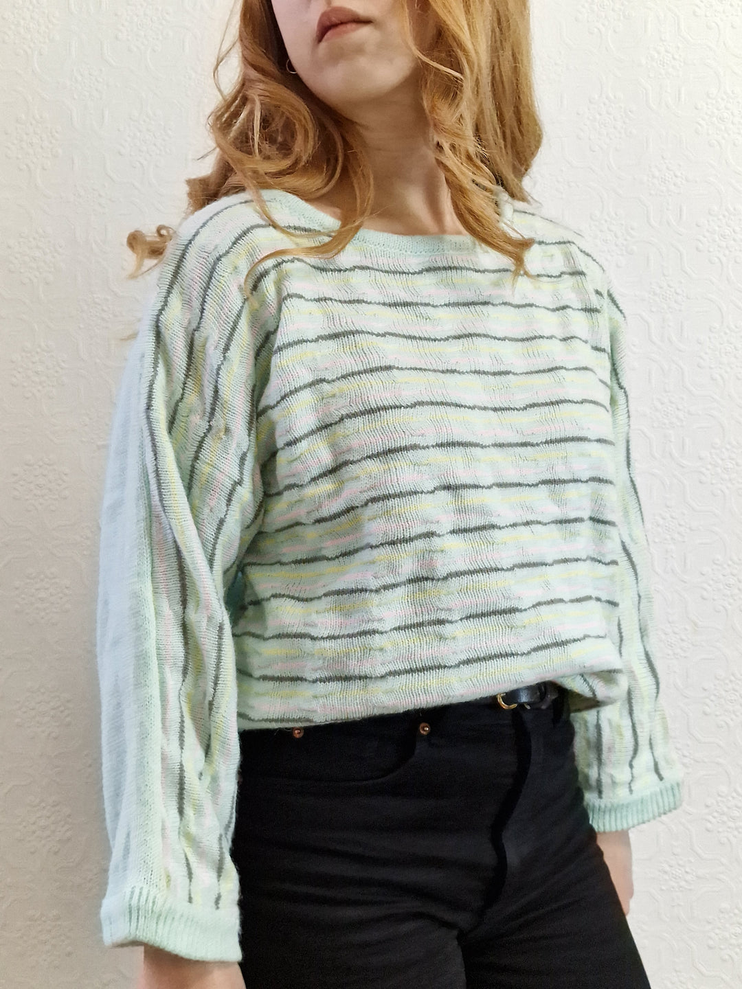 Vintage 70s Mint Striped Textured Jumper with Boat Neck - M