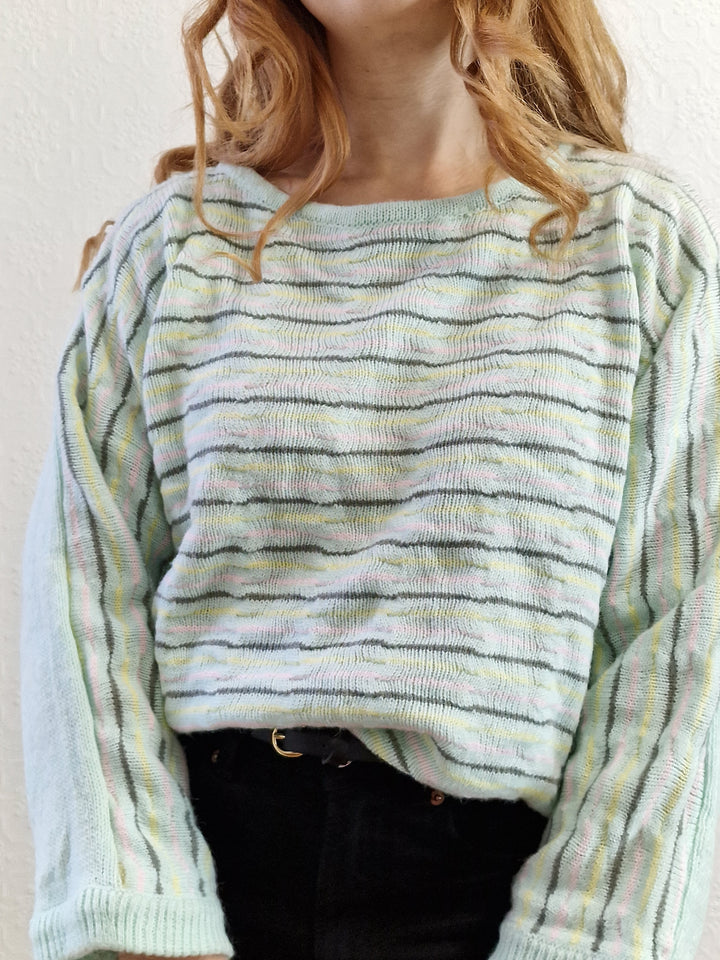 Vintage 70s Mint Striped Textured Jumper with Boat Neck - M