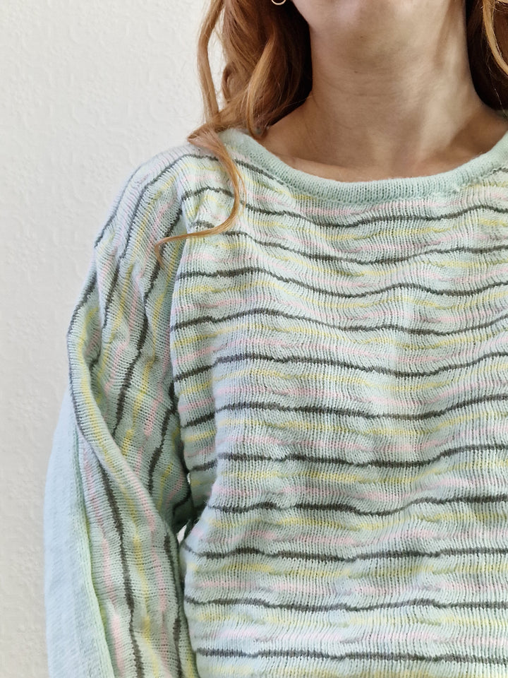 Vintage 70s Mint Striped Textured Jumper with Boat Neck - M