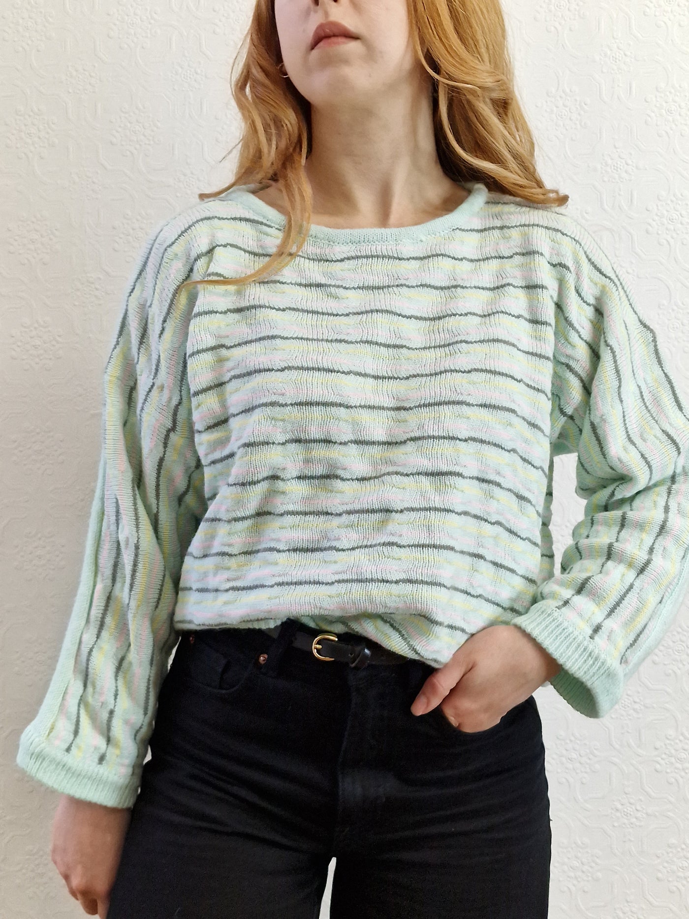 Vintage 70s Mint Striped Textured Jumper with Boat Neck - M