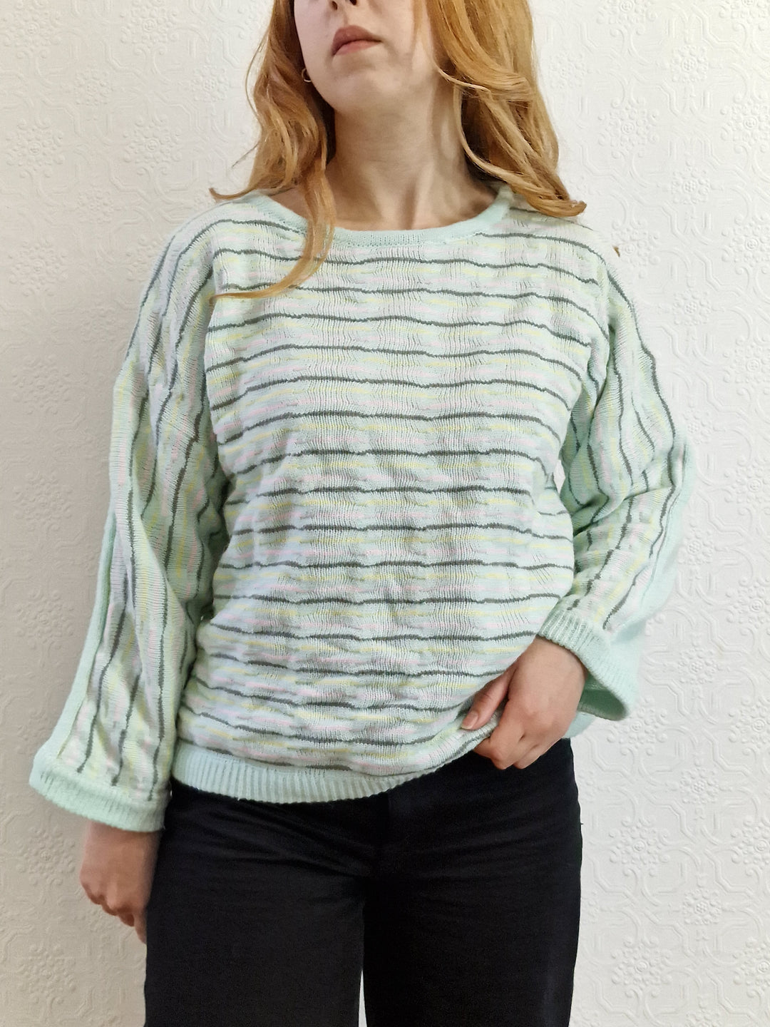 Vintage 70s Mint Striped Textured Jumper with Boat Neck - M