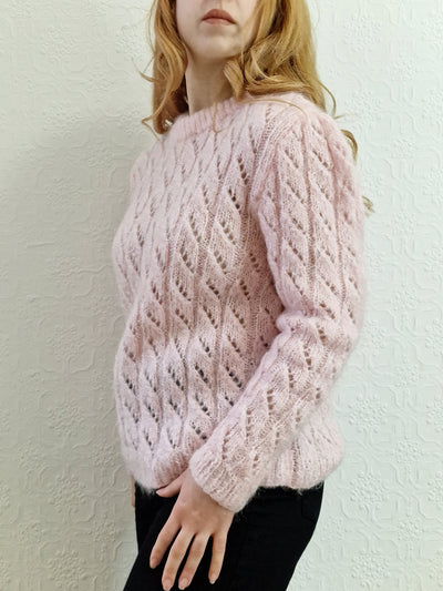 Vintage 80s Handknitted Pink Mohair Jumper with Crew Neck - S/M