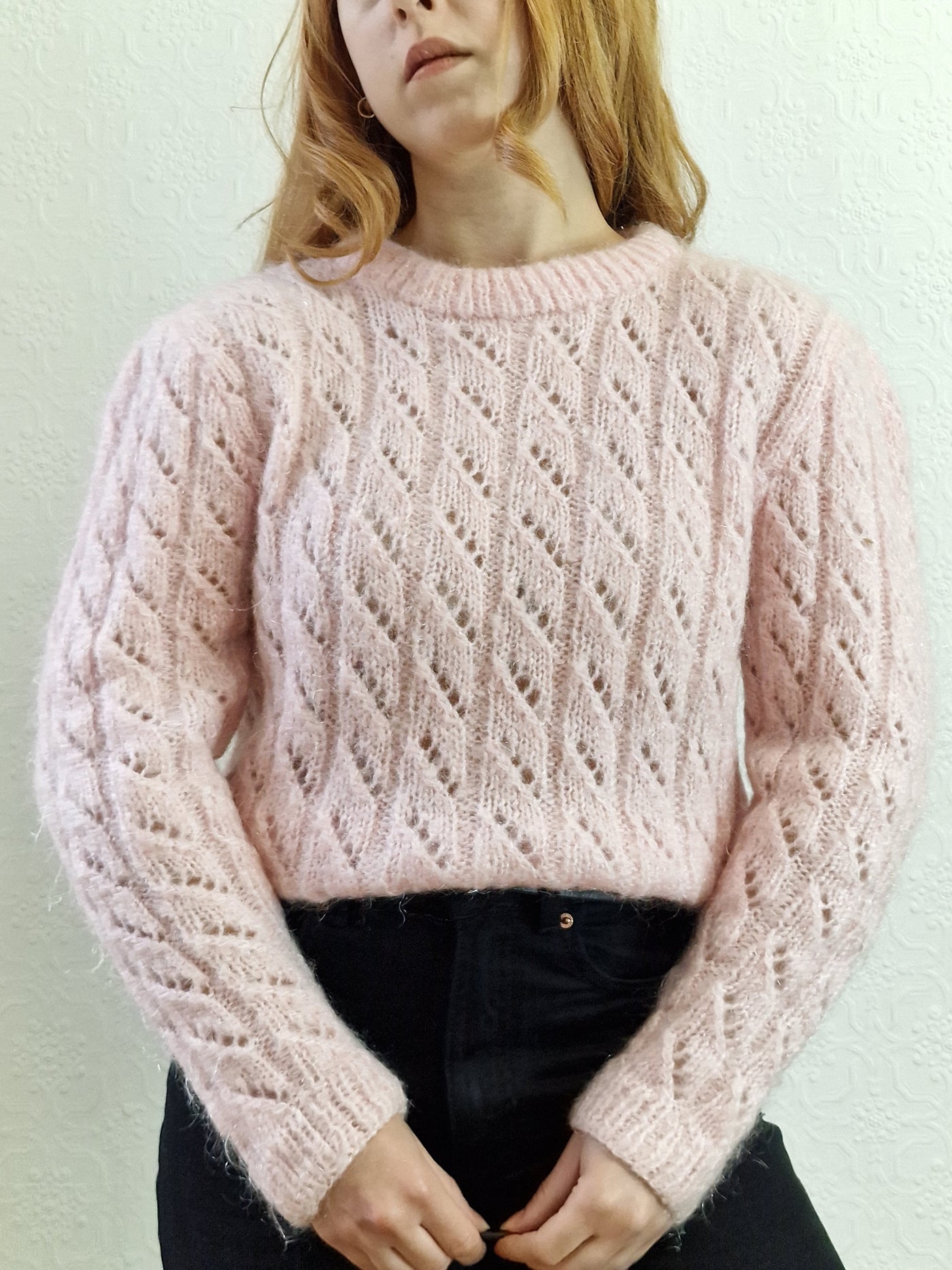 Vintage 80s Handknitted Pink Mohair Jumper with Crew Neck - S/M