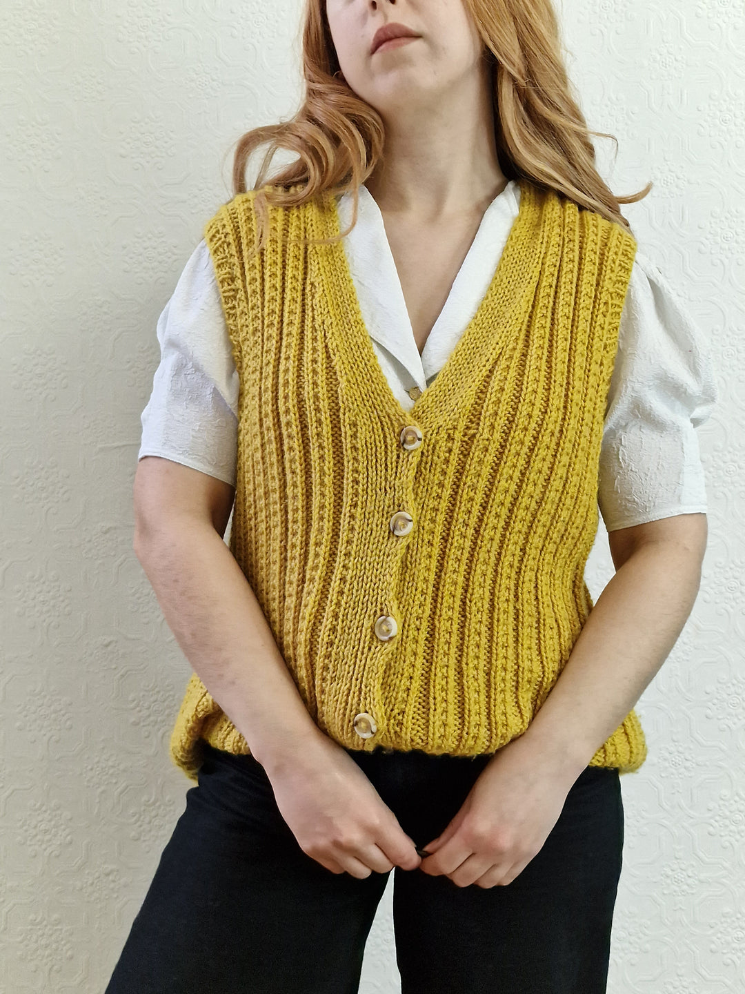 Vintage 80s Handknitted Mustard Ribbed Vest with Buttons - L/XL