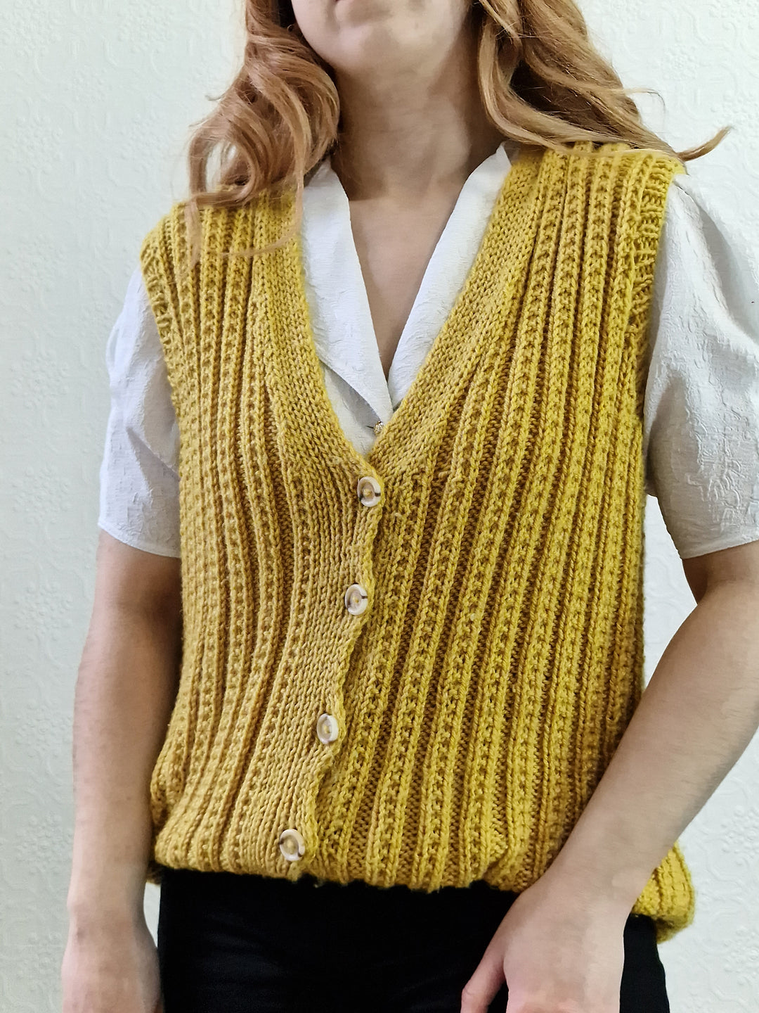 Vintage 80s Handknitted Mustard Ribbed Vest with Buttons - L/XL