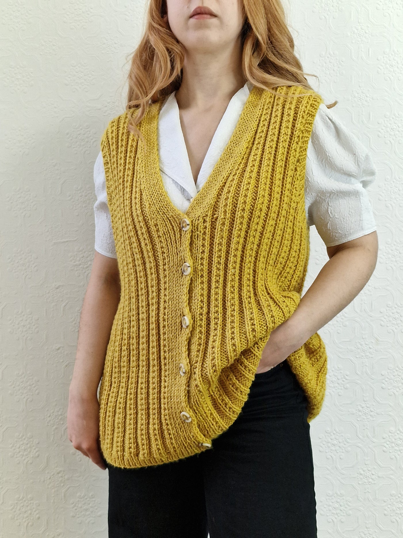 Vintage 80s Handknitted Mustard Ribbed Vest with Buttons - L/XL