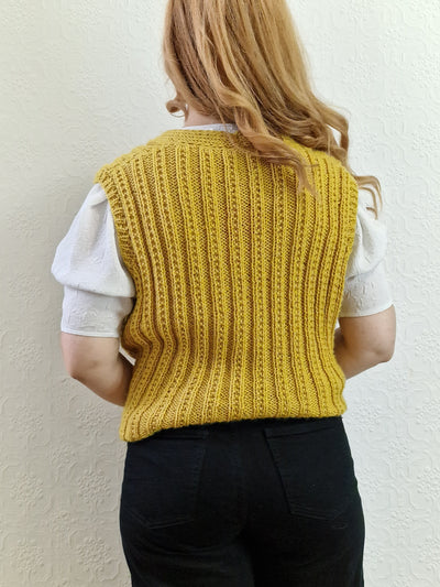 Vintage 80s Handknitted Mustard Ribbed Vest with Buttons - L/XL