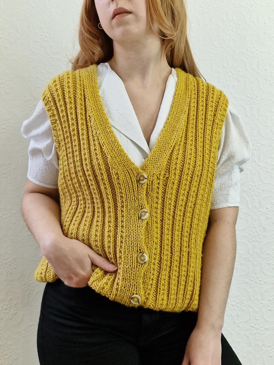 Vintage 80s Handknitted Mustard Ribbed Vest with Buttons - L/XL