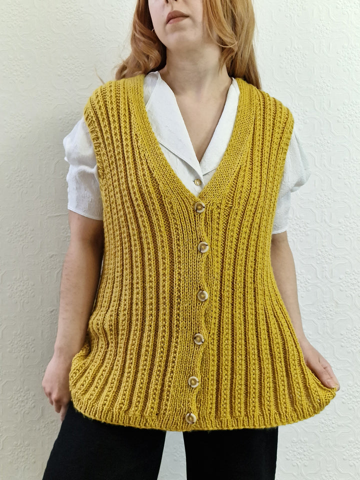 Vintage 80s Handknitted Mustard Ribbed Vest with Buttons - L/XL