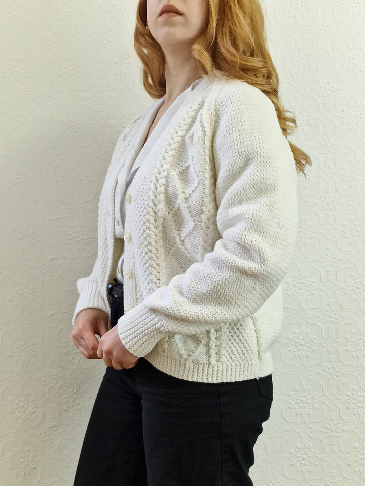 Vintage 80s Handknitted Cream V-Neck Cardigan - S/M