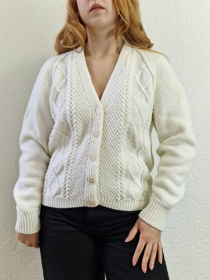 Vintage 80s Handknitted Cream V-Neck Cardigan - S/M