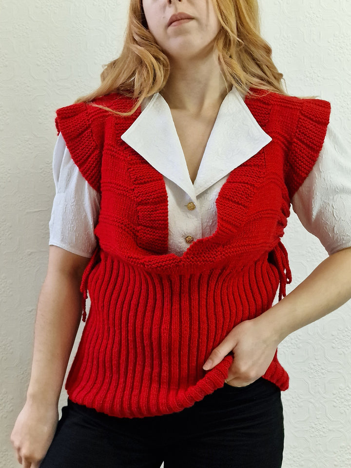 Vintage Handknitted Red V-Neck Vest with Drawstring Sides - M/L