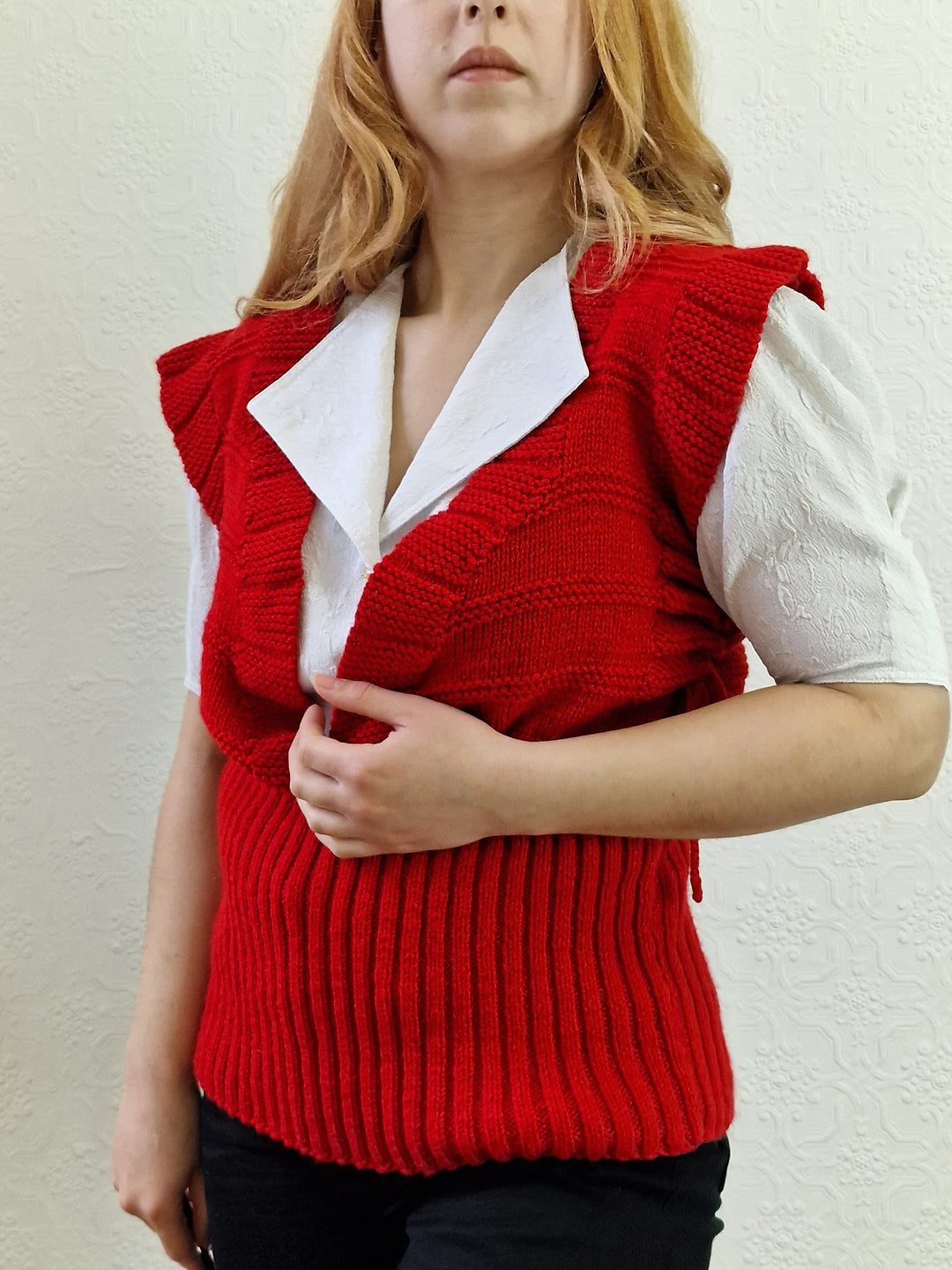 Vintage Handknitted Red V-Neck Vest with Drawstring Sides - M/L