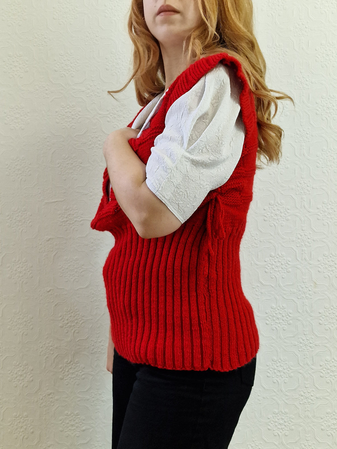 Vintage Handknitted Red V-Neck Vest with Drawstring Sides - M/L