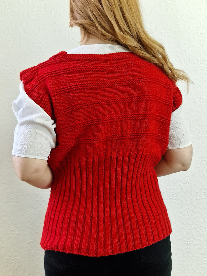 Vintage Handknitted Red V-Neck Vest with Drawstring Sides - M/L