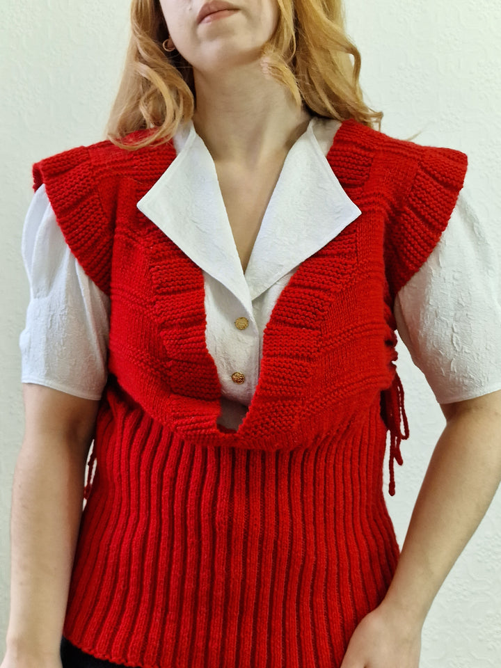 Vintage Handknitted Red V-Neck Vest with Drawstring Sides - M/L