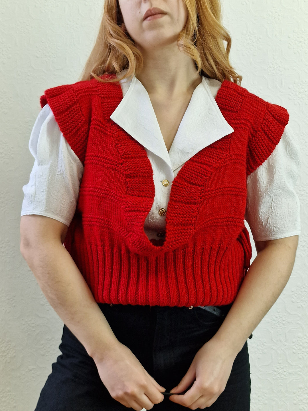 Vintage Handknitted Red V-Neck Vest with Drawstring Sides - M/L