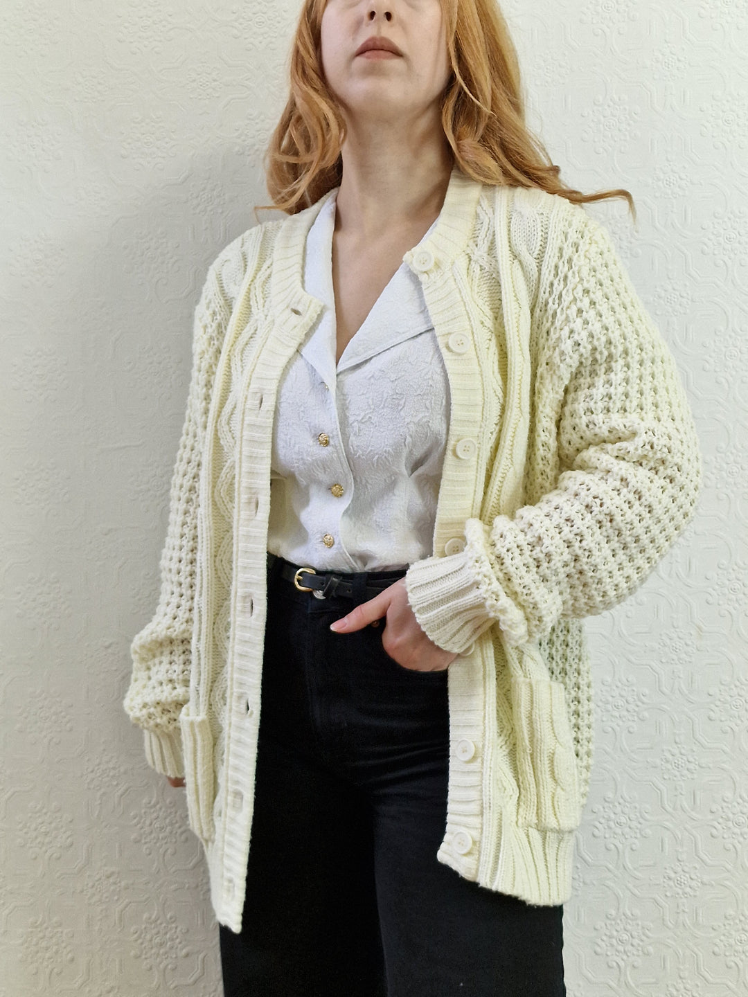 Vintage Handknitted Crew Neck Long Cream Aran Cardigan - M