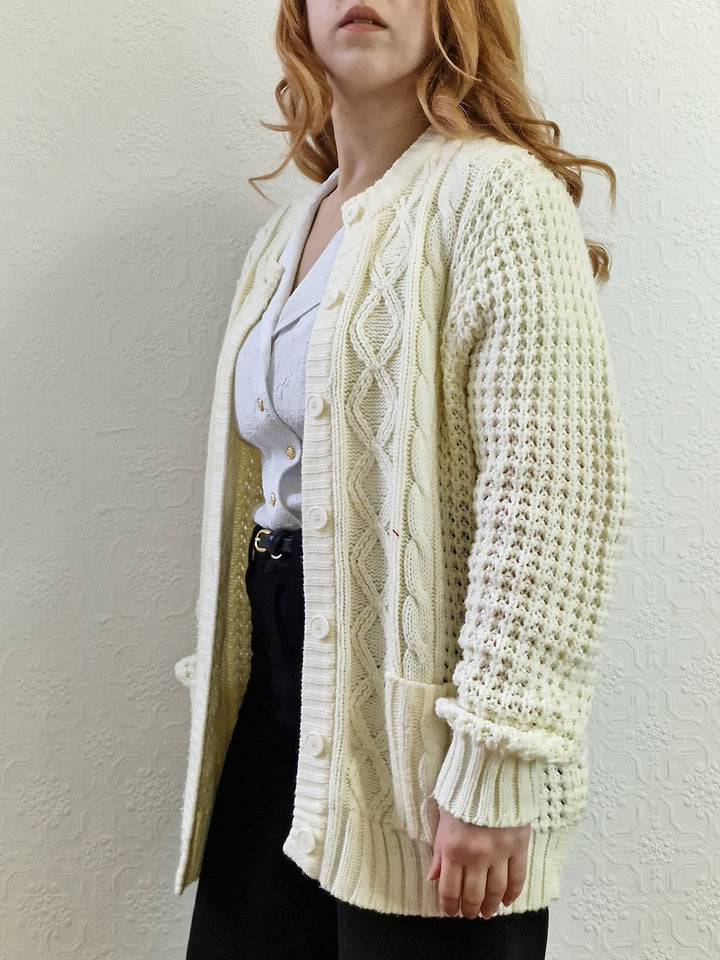 Vintage Handknitted Crew Neck Long Cream Aran Cardigan - M