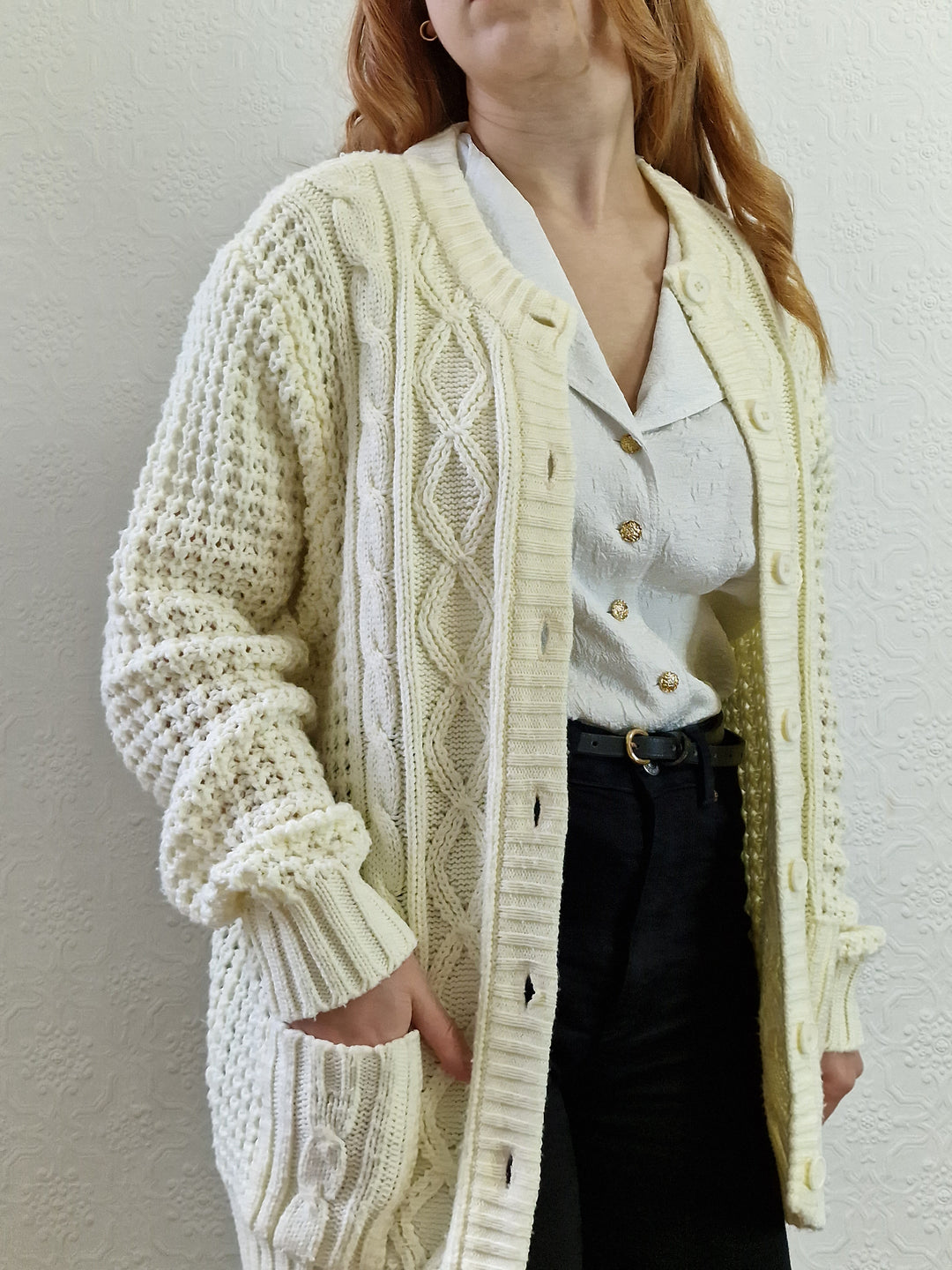 Vintage Handknitted Crew Neck Long Cream Aran Cardigan - M