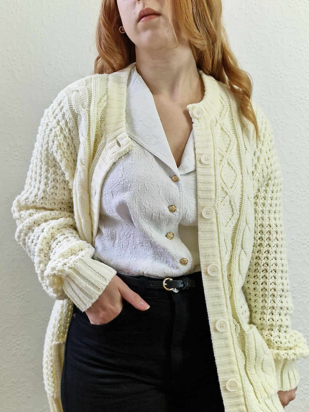 Vintage Handknitted Crew Neck Long Cream Aran Cardigan - M